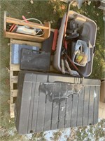 Large black tote, wooden toolbox, tools and more