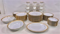 Gold edge china set: 12 of most, 11" dinner plates