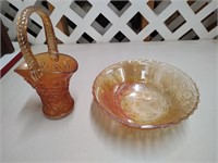 Marigold Carnival Glass Bowl and Basket Vase