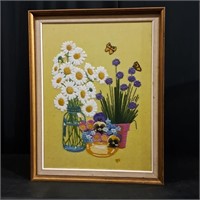 1972 Framed Embroidered Flowers in Vase
