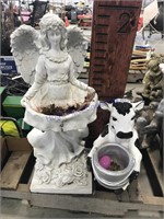 2 statues--concrete cow, 13" tall; Resin angel--