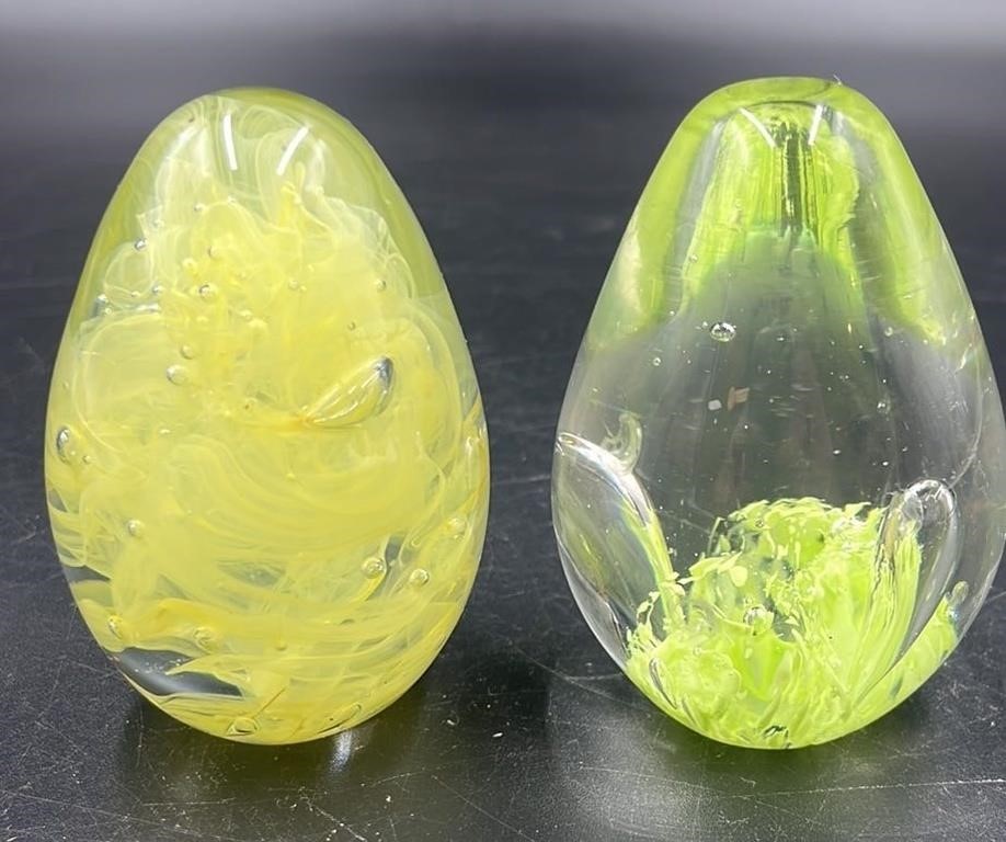 2 MCM Art Glass Egg Paperweights