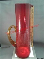 Tall red crackle glass pitcher Art Deco handmade