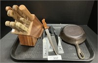 Kitchen Knife Block, Knives, Cast Iron Pan.