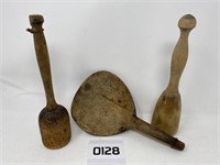 Vintage wooden paddle and mashers