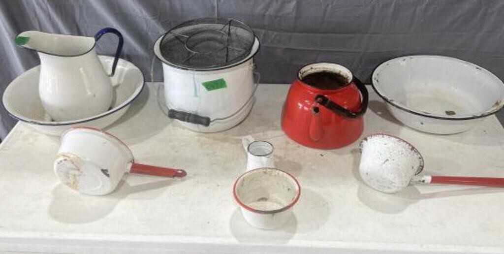 Assorted Enamel pans, pots, pitcher