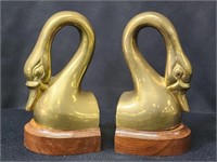 BRASS SWAN BOOK ENDS ON WOODEN BASE