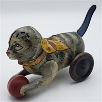 Vintage Marx Tin Litho Windup Cat Chasing Ball