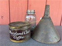 Large tin funnel & Maryland Club Coffee tin