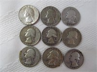 9pc US Silver Washington Quarters Pre 1964 Coins