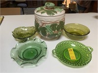 Ceramic Cookie Jar & Assorted Green Glassware