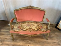 Antique Victorian Carved Settee Needlepoint Seat