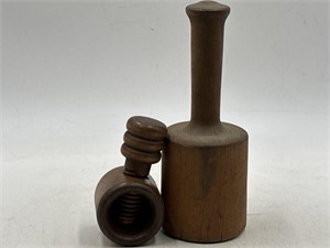 Vintage wooden corkscrew nutcracker, and a wood