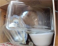 box of Pyrex and misc glass
