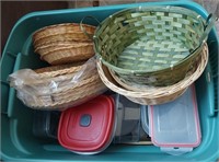 plastic tub with plasticware and baskets