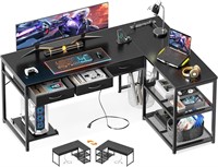 L Shaped Desk  53 Inch  Black  with Power Outlets.
