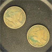 US Coins 2 Flying Eagle Cents, 1857 & 1858, circul