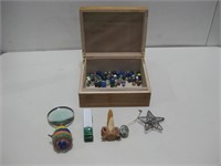 Wood Box W/Marbles, Magnifier & Assorted Items