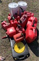 Large lot w/different size gas cans and oil trays,