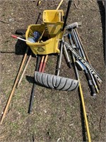 Large lot with push brooms, post digger, mop bucke