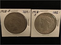 (2) 1928 S Peace Silver Dollars