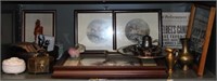 Shelf lot; Framed Art, Incense box, silverplate,