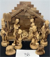 Vtg Nativity; Hand Carved; Olive Wood; 12 PCs