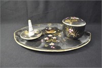 CERAMIC DRESSER SET: TRAY, COVERED BOX AND RING