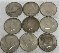(9) 1964-D Kennedy Half Dollars Silver