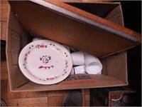 Box of milk glass, wooden sectional box and more