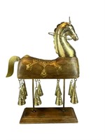 A Gold Metal Wood Horse w/ Bells. Made In India
