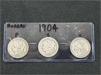 3 1904 MORGAN SILVER DOLLARS, O - S - P MINT MARKS