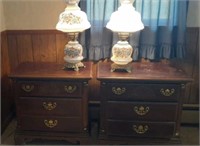 2 glass blue rose lamps and 2 nightstands with