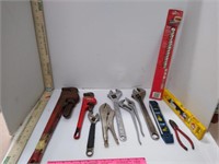 Assorted Tools Pipe Wrenches Level Vise Grips &
