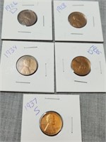 5 Assorted Wheat Pennies, 1926-D,'28,'34,'35-D &