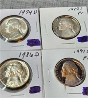 4-Proof Nickels! 1974D,1982S,1986D & 1991S