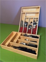 2 Incomplete Sets of Flatware, 2 Wood Trays
