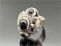Vintage sterling & black onyx snuff or poison ring