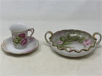 Hand painted Nippon trinket dish, pink with rose
