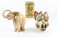 Large Ceramic Elephant, Wooden Fox Mask & Bamboo