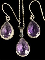 Sterling Silver & Amethyst Necklace & Earrings Set