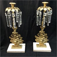 2 VINTAGE BRONZE & MARBLE CANDELABRAS w CRYSTALS