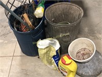 Two Trash Cans with Assorted Garden Supplies