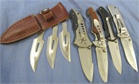 4 POCKET KNIFES AND 3 THROWING KNIVES IN HOLSTER