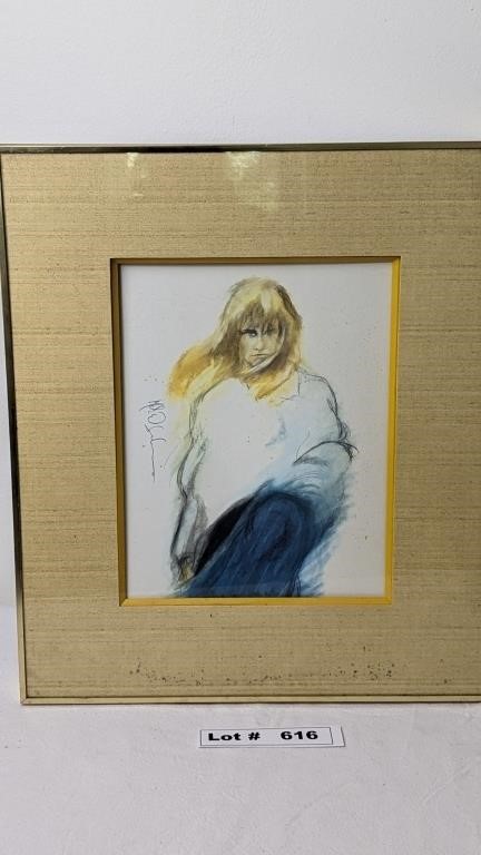 VINTAGE "BLUE WIND" FRAMED LITHOGRAPH OF A YOUNG G