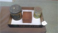 2 TOBACCO CANS/ WOODEN TOBACCO BOX