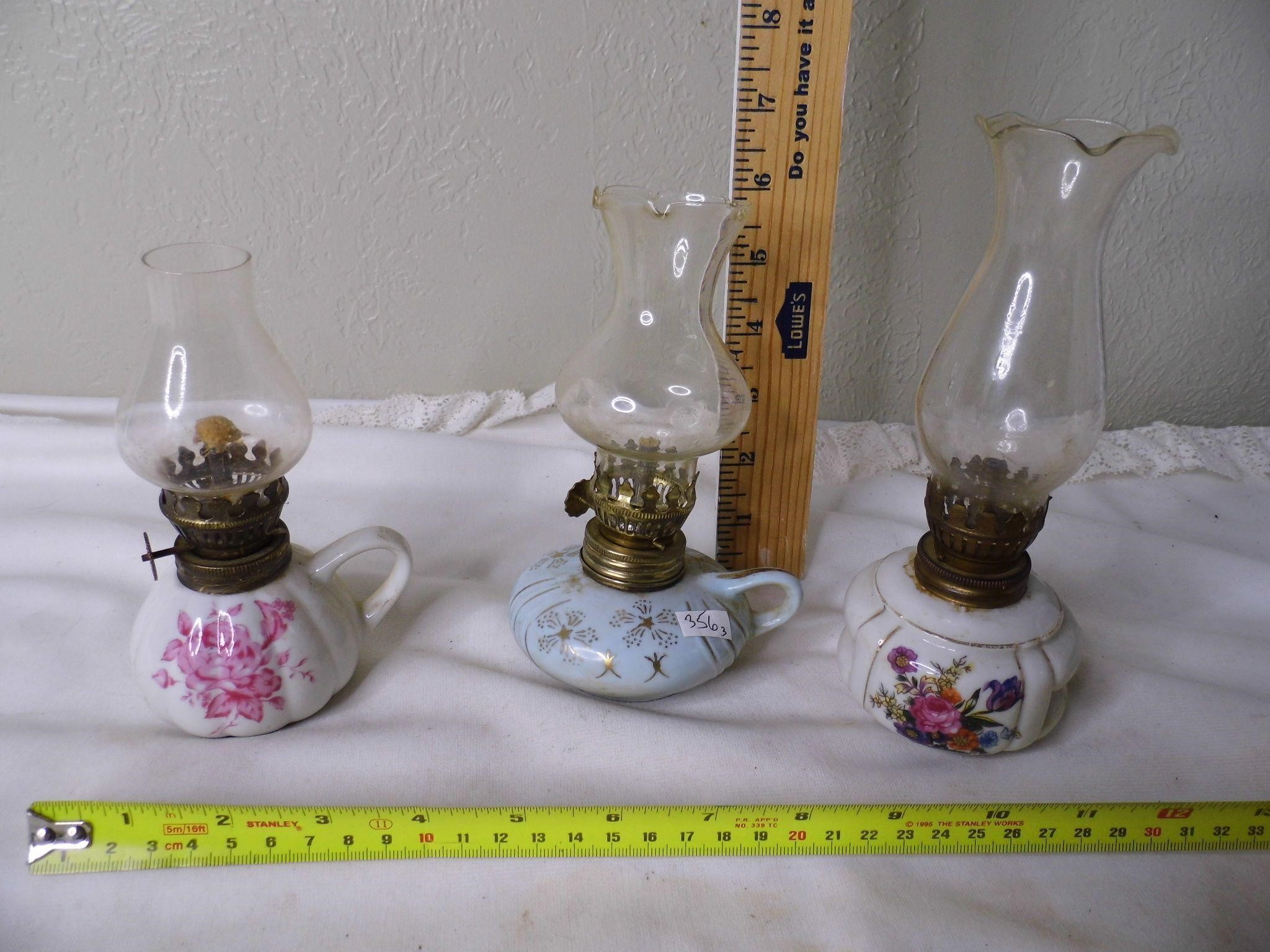 3 Vtg Mini Porcelain Oil Lamps