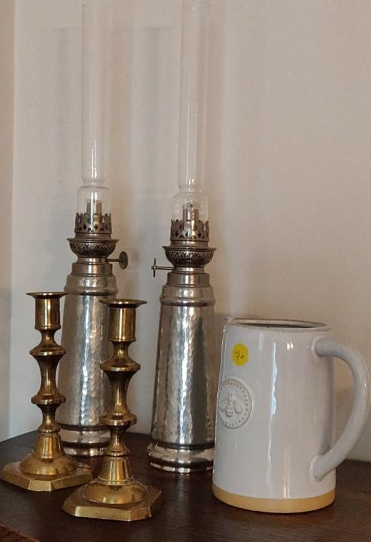 Candle Stick Holders, Pewter Oil Lamps & Pitcher