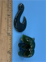 Jade fish hook 2" and a jade bear with fish in its