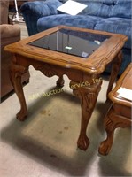 Oak glass top side table 21 inches tall by 21